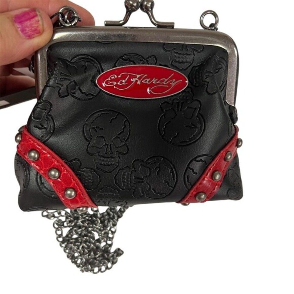 Ed Hardy Skull Kisslock Coin Purse Micro Crossbody Mini Bag Chain Strap